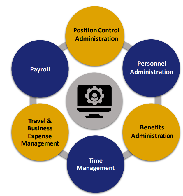 picture of a person walking up stairs that are labeled with Position Control: Manage Positions, Personnel Admin: Manage Employee Data, Benefits Administration: Elective Benefits, Time and Attendance: Manage Employee, Payroll: Prepare Payroll.